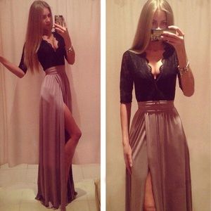 Maxi dress lace top, chiffon bottom with high slit